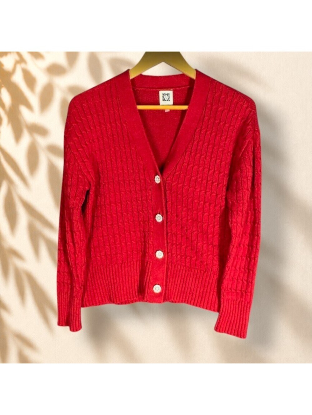 Anne Klein Cardigan S Small Red Cable Knit Button V-Neck Long Sleeve Soft Cozy